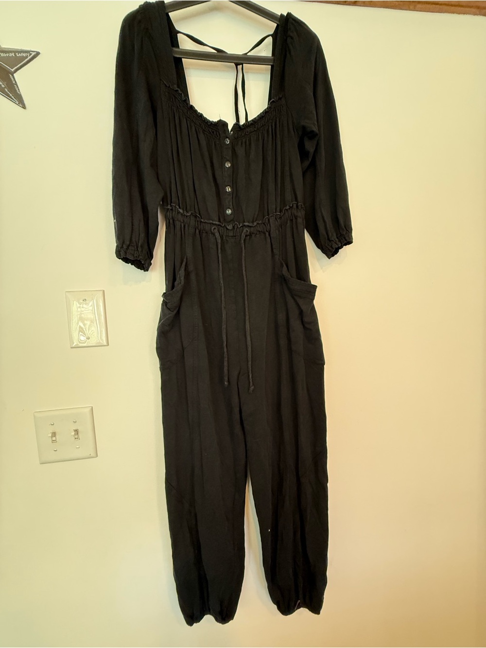Women's Black Long Sleeve Drawstring Waist Jumpsuit